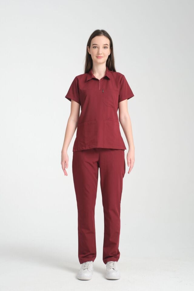Bordo Polo Yaka Tek Üst Bayan Üniforma (Likralı)