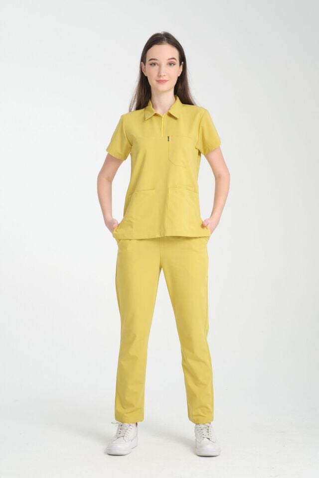 Sarı Polo Yaka Tek Üst Bayan Üniforma (Likralı)