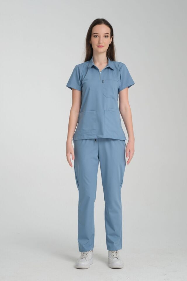 Açık Mavi Polo Yaka Tek Üst Bayan Üniforma (Likralı)