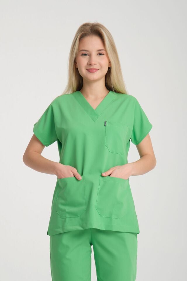 Benetton Yeşili V Yaka Tek Üst Bayan Üniforma (Likralı)