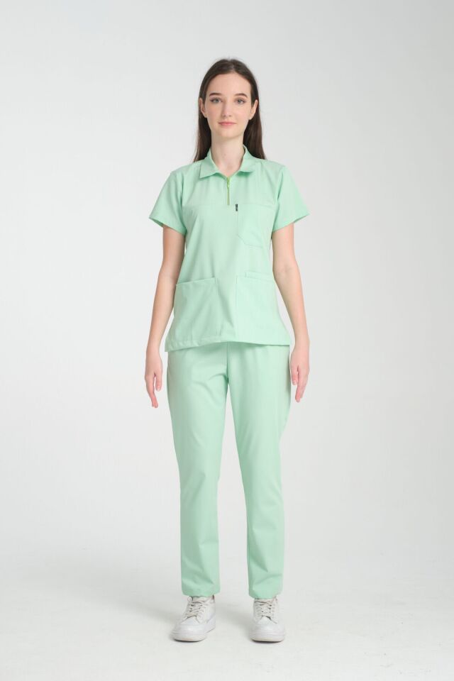Mint Yeşili Polo Yaka Tek Üst Bayan Üniforma (Likralı)